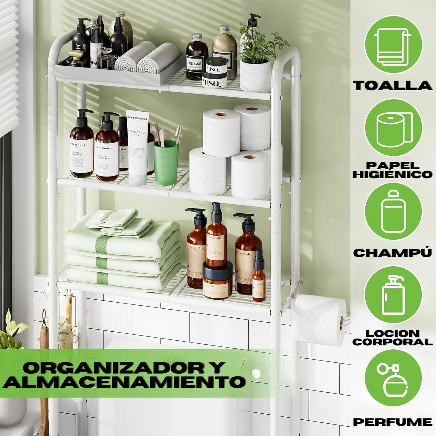 Estante organizador blanco de baño sobre inodoro