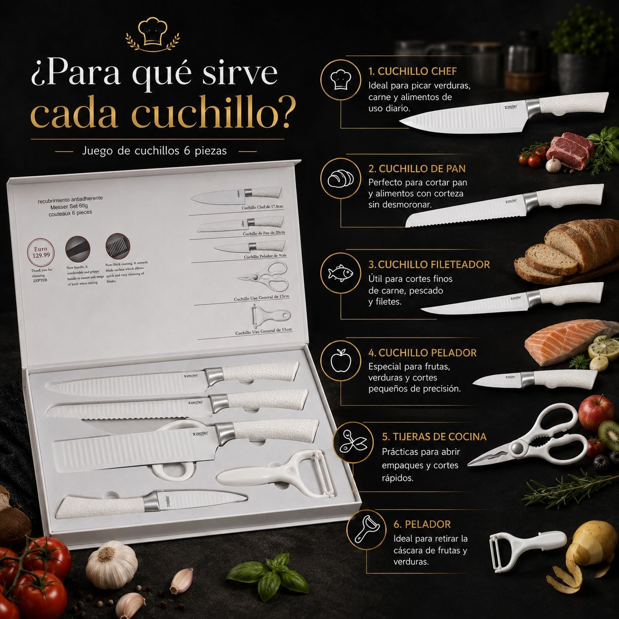 Juego De Cuchillos Profesional Antiadherentes X6 - En Acero Inoxidable