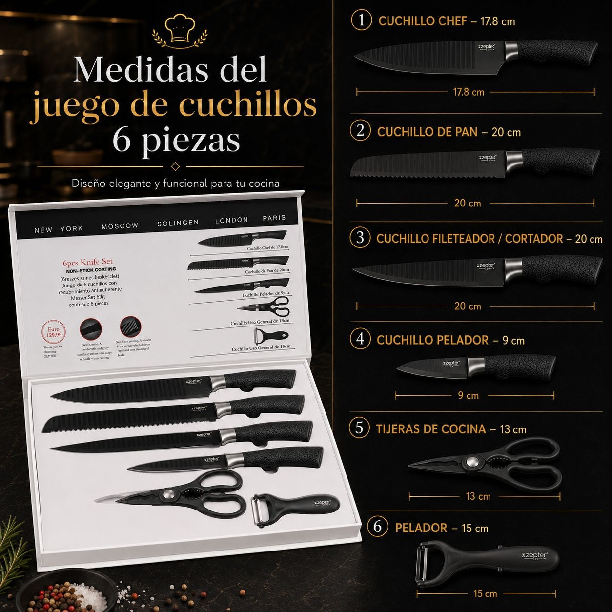 Juego De Cuchillos Profesional Antiadherentes X6 - En Acero Inoxidable