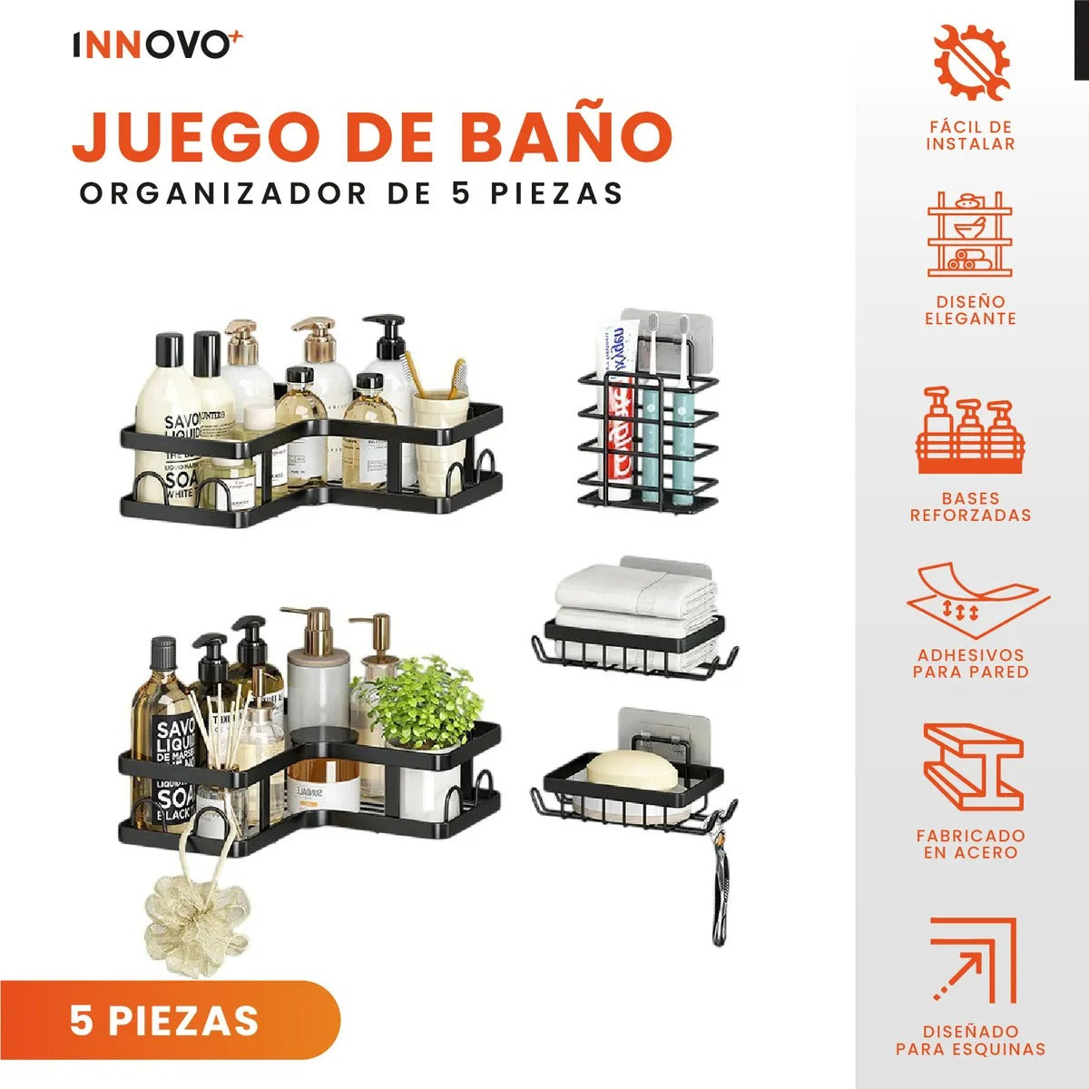 Set organizador de baño x5 piezas color negro®