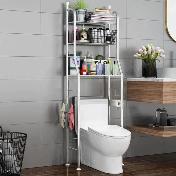 Estante organizador blanco de baño sobre inodoro