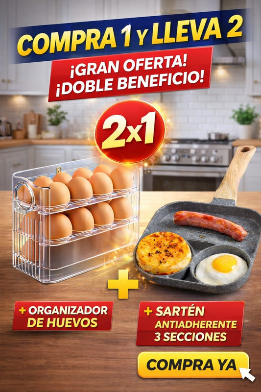 SÚPER PROMO COMBO DE COCINA, ORGANIZADOR DE HUEVOS + SARTÉN 3 PUESTOS