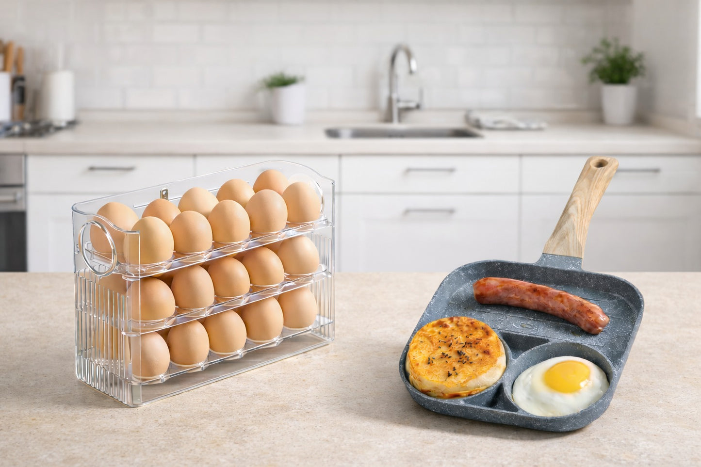 SÚPER PROMO COMBO DE COCINA, ORGANIZADOR DE HUEVOS + SARTÉN 3 PUESTOS