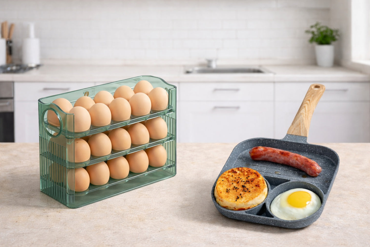 SÚPER PROMO COMBO DE COCINA, ORGANIZADOR DE HUEVOS + SARTÉN 3 PUESTOS